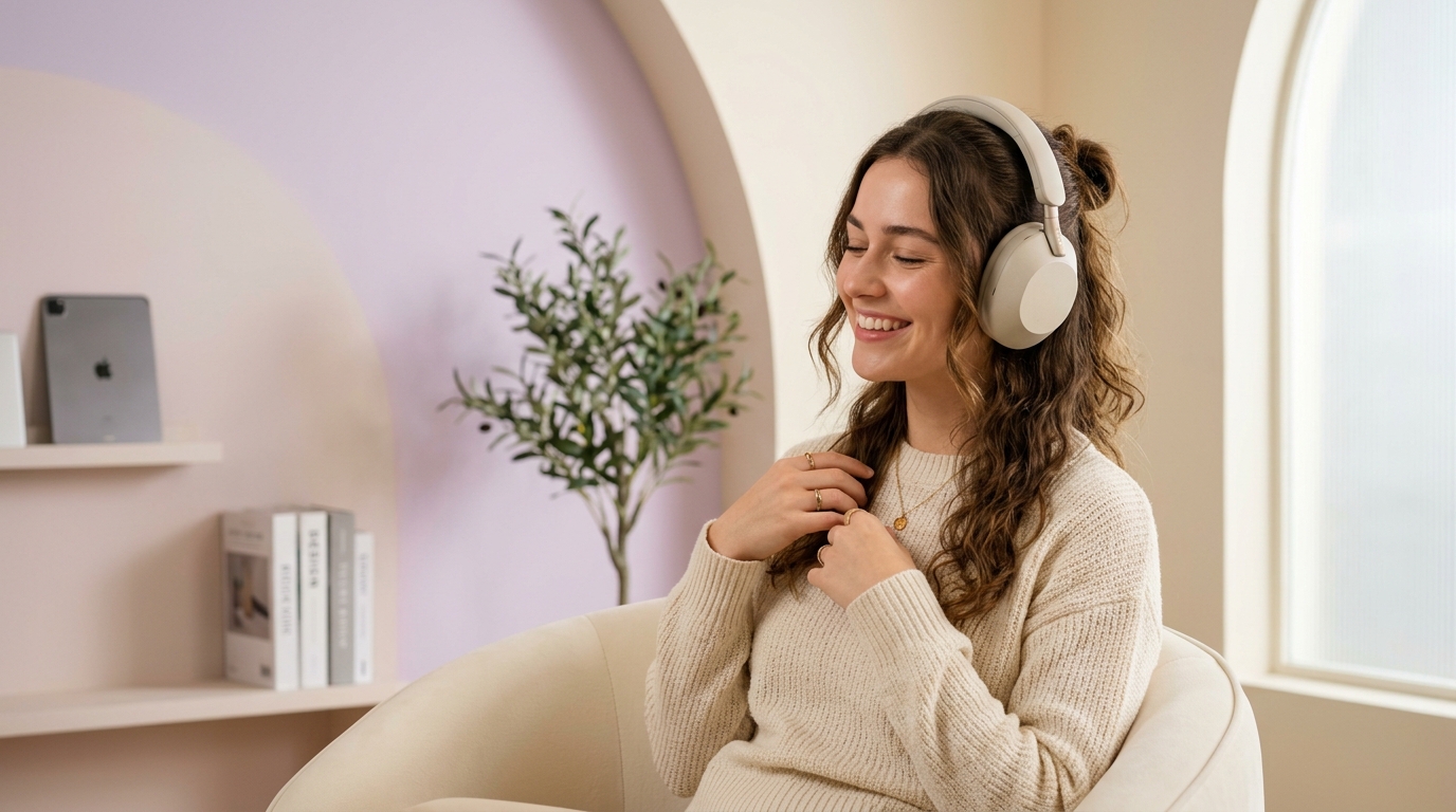 Audio creator enjoying music and voiceover with studio headphones